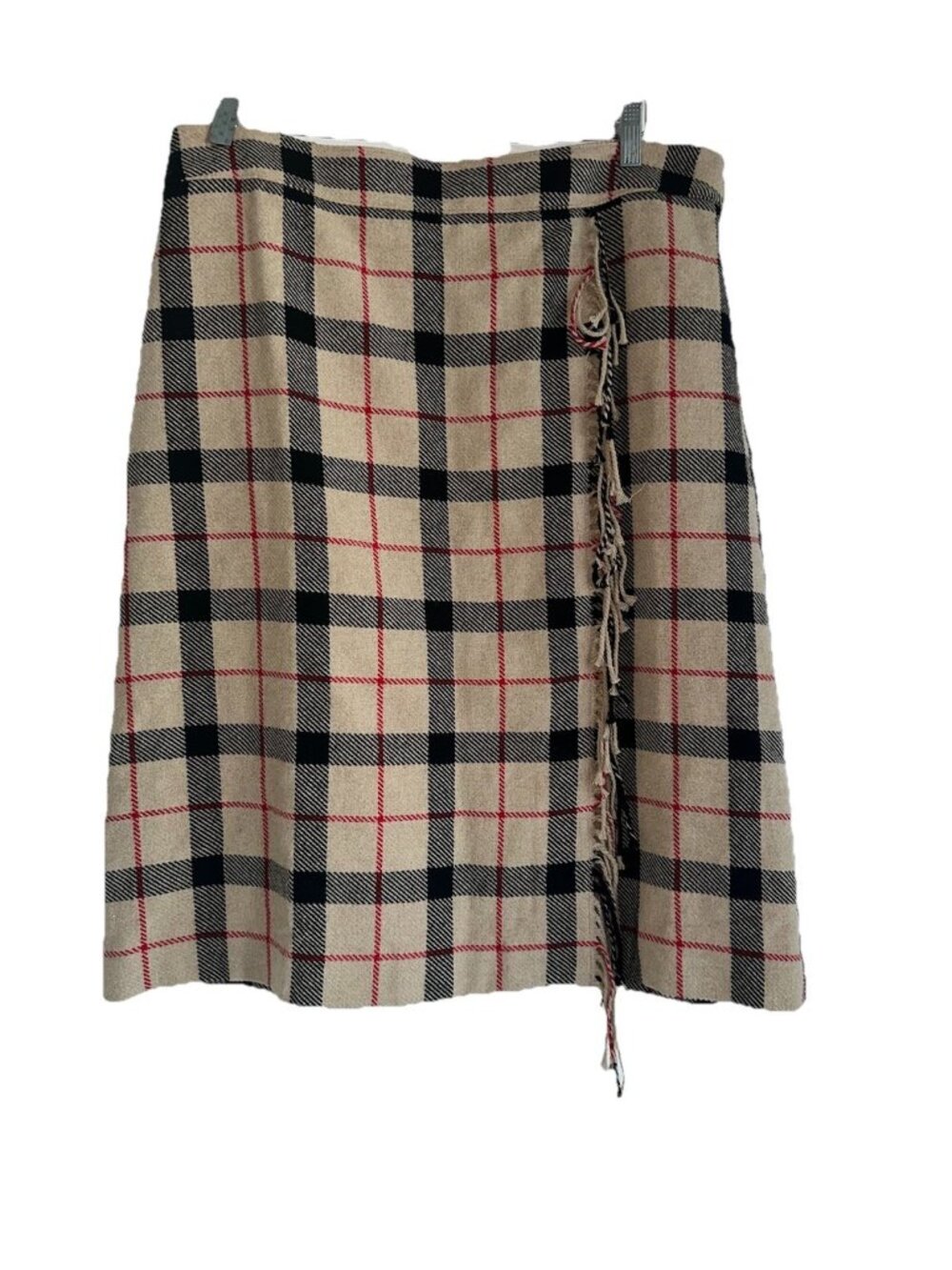 Talbots Womens Fringe Wrap Skirt Sz 16 Outdoor Plaid Tan Black Red Preppy Midi